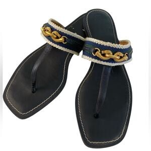 Tory Burch Jessa Leather Textile Thong Sandal Navy Green Gold Hardware Size 8